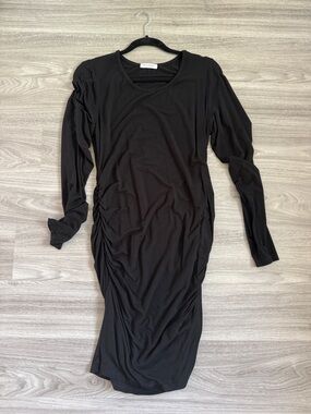 Black Long-Sleeve Maternity Ruched Midi Dress